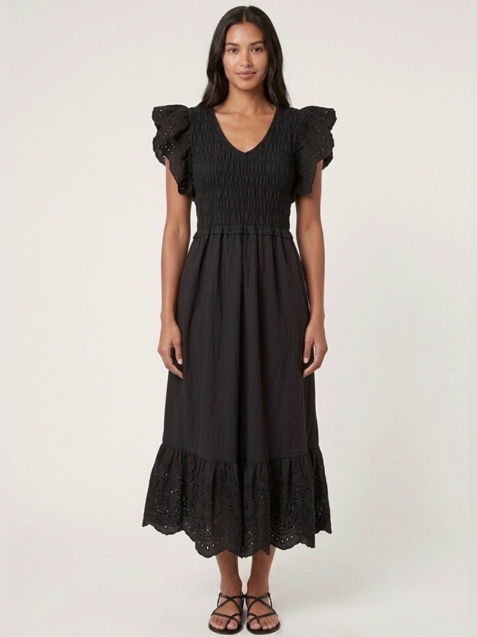 Calypso St. Barth Black Eyelet Smocked Midi Dress Size Xs